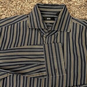 Hugo Boss Shirt Mens 39 15.5‎ Black Brown Striped Button Up Long Sleeve Slim Fit